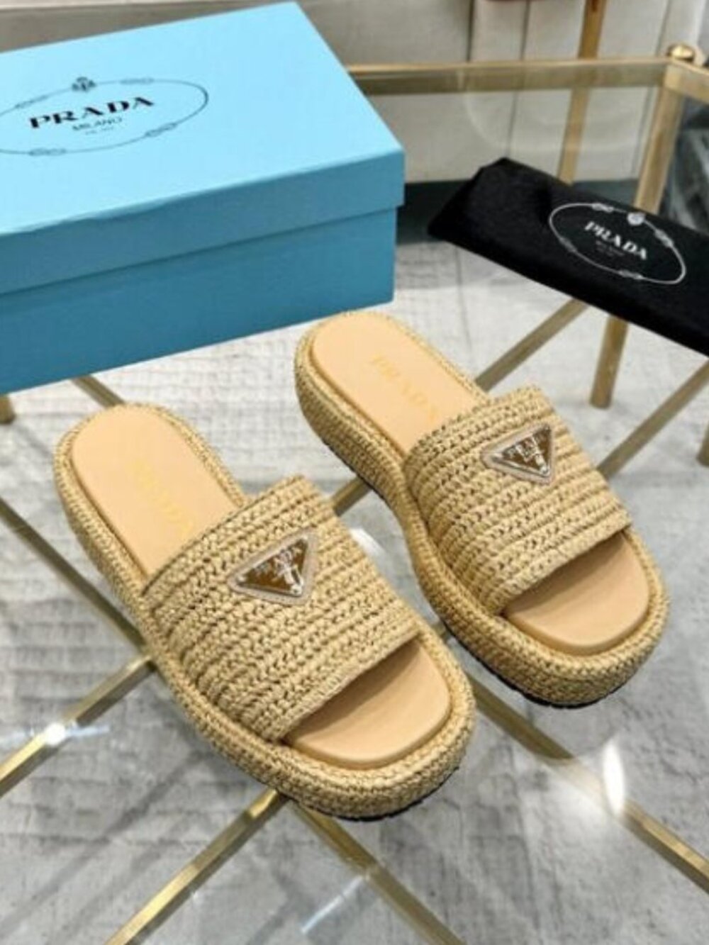 Prada Raffia Slides Size 37 – With Original Box